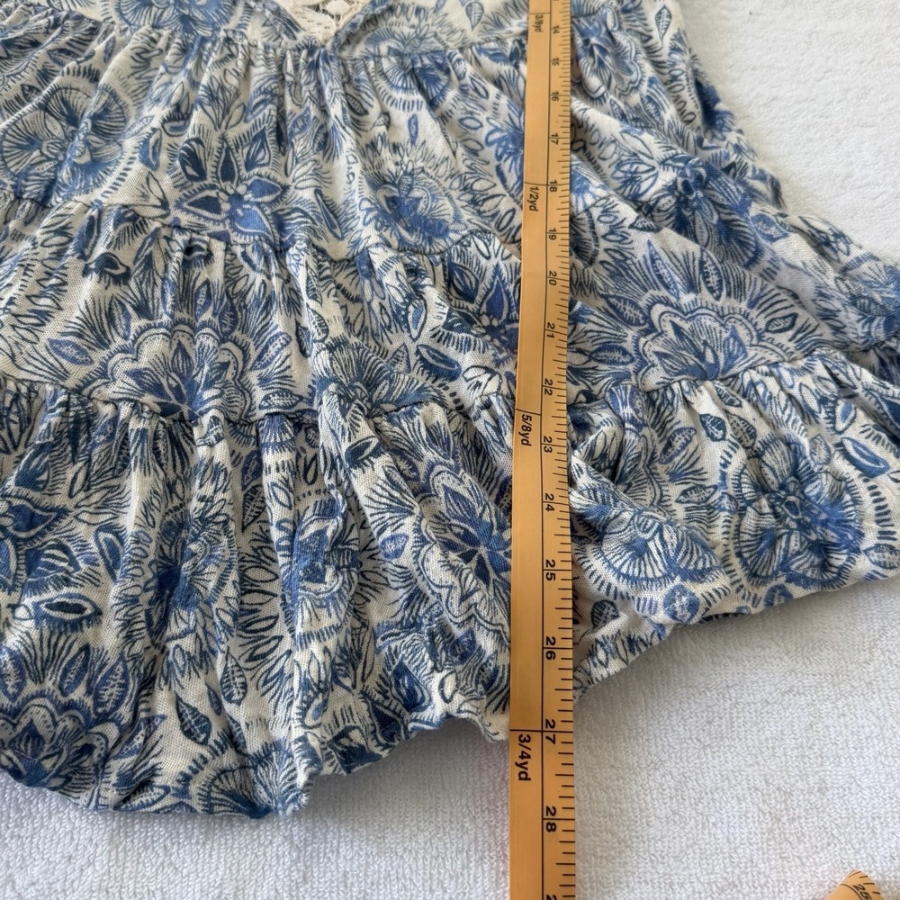 Free People Tank Top Small Floral Linen Cotton Tiered Lace Boho Blue White Beach - Picture 7 of 8